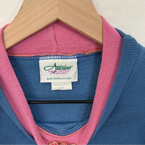 Artisans Women’s L Vintage Blue Pink Hummingbird Crewneck Sweater Pullover - Picture 4 of 6